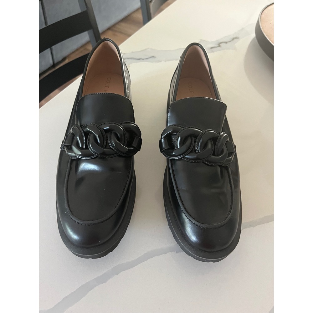 Cole Haan Geneva Chain Loafers Black Leather Chunky Lug Sole Grand 360 Size 8B